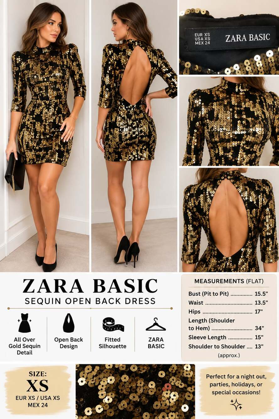Zara Basic Womens XS Black Gold Sequin Mini Dress Open Back Party Cocktail